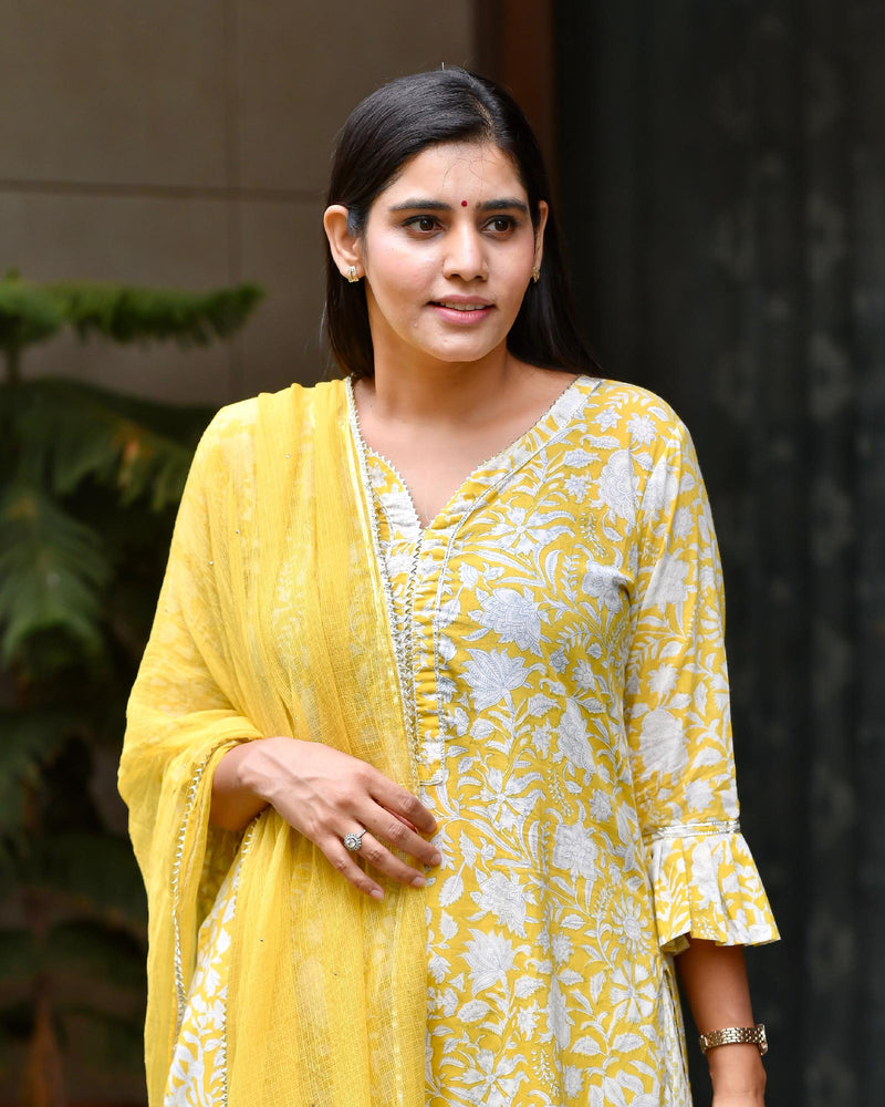 YELLOW & WHITE HANDBLOCK SUIT SET