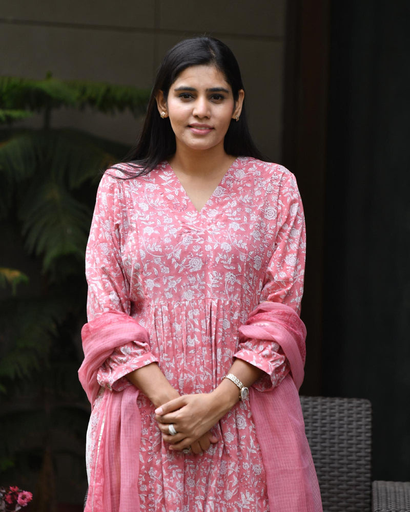 PINK & WHITE COTTON HANDBLOCK SUIT SET