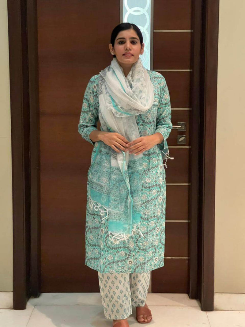 SEA GREEN HANDBLOCK SUIT SET