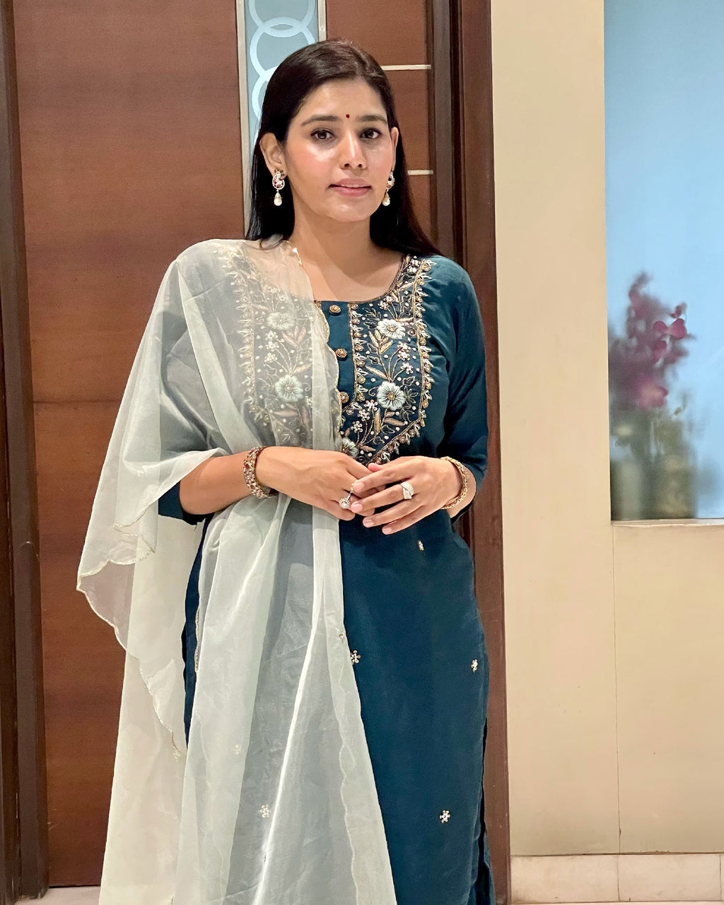 NAVY BLUE MUSLIN SUIT SET WITH HANDWORK