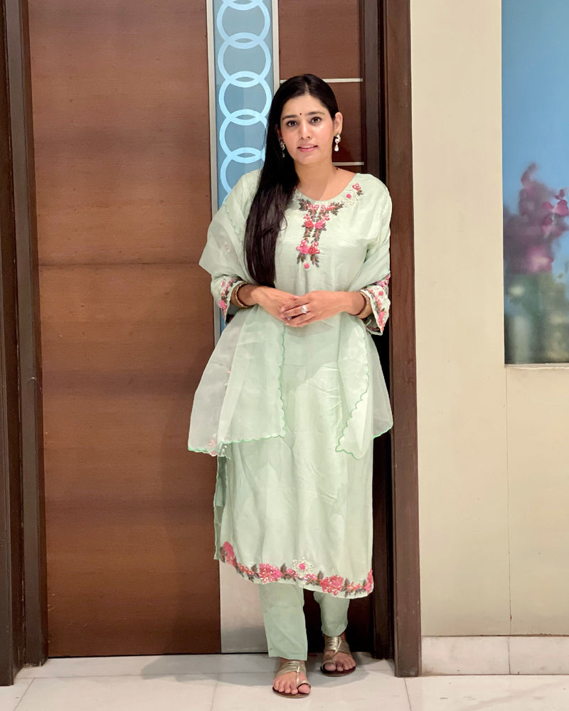 MINT GREEN MUSLIN SUIT SET WITH HANDWORK