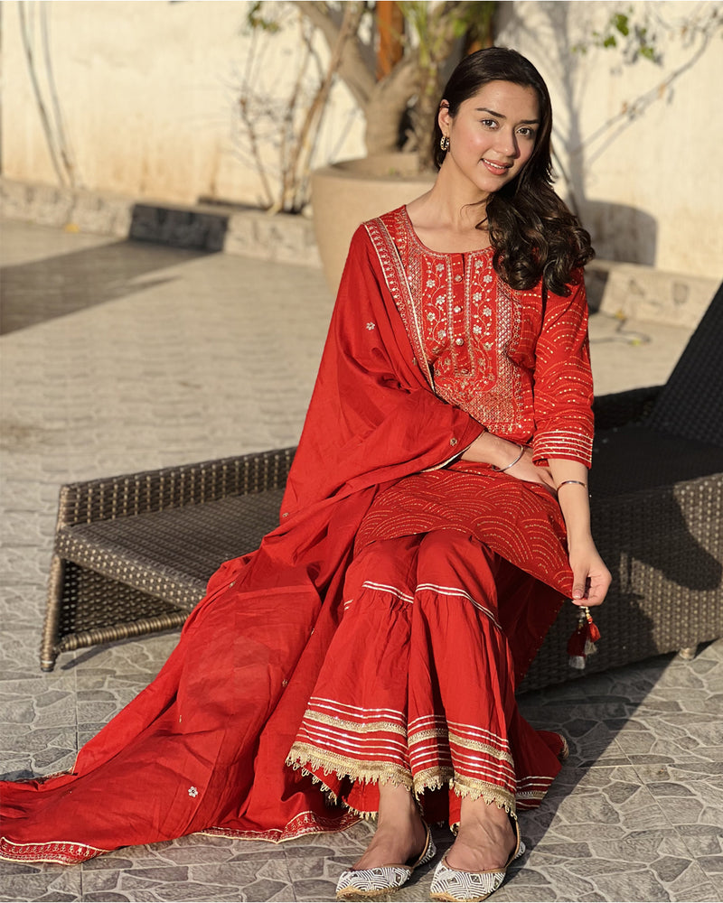 RED COTTON SHARARA SET WITH GOTTA WORK