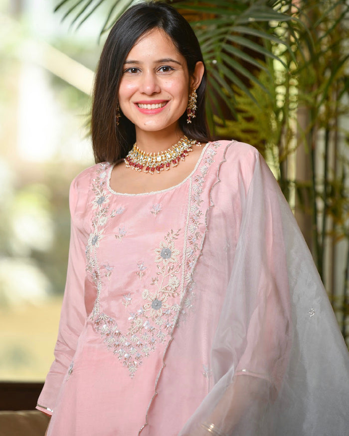 ROSE PINK MUSLIN SUIT SET WITH HANDWORK