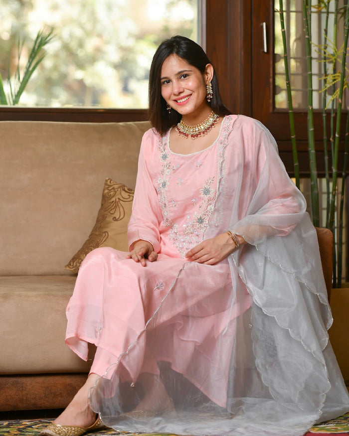 ROSE PINK MUSLIN SUIT SET WITH HANDWORK