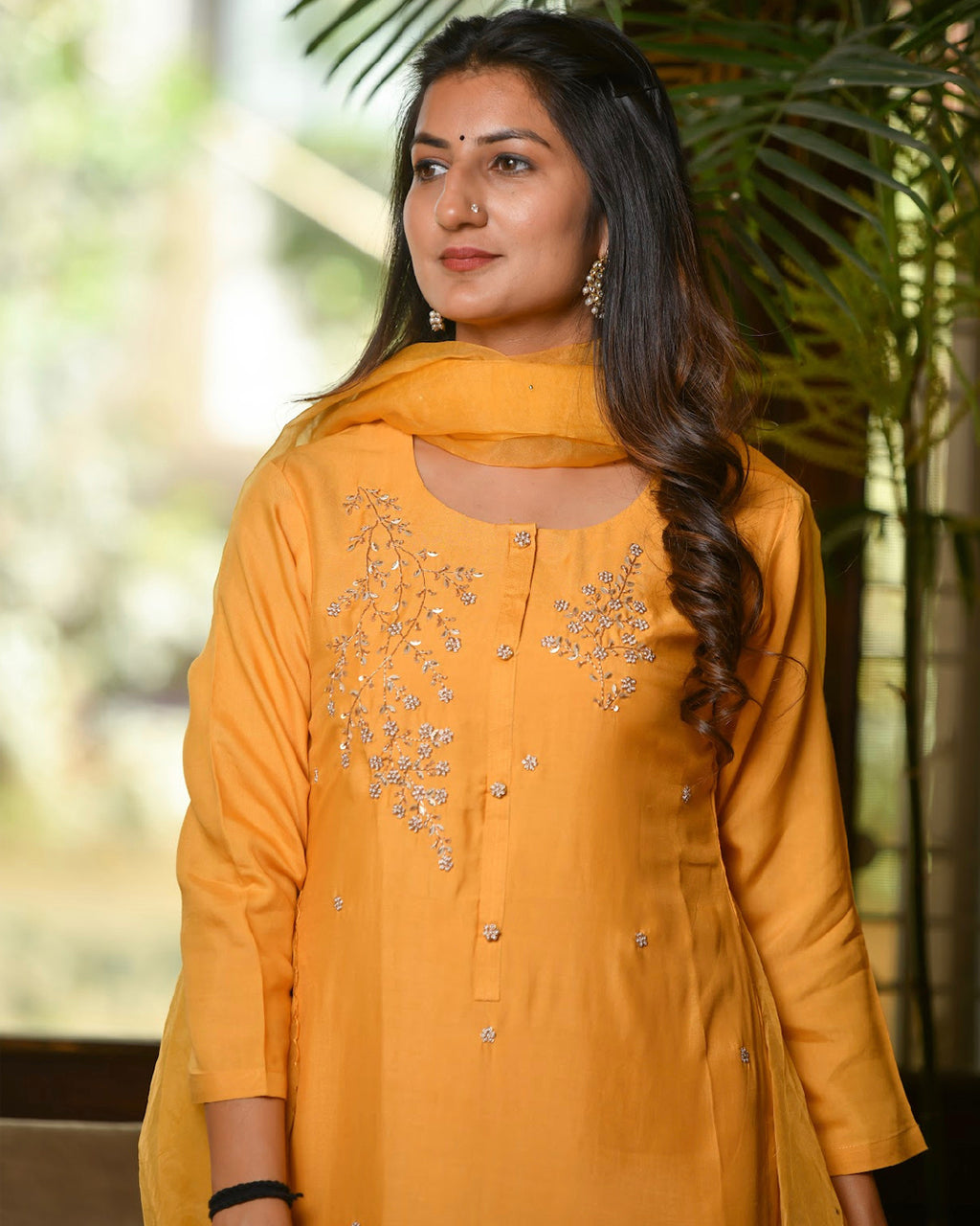 MUSTARD YELLOW MUSLIN SUIT SET WITH HANDWORK
