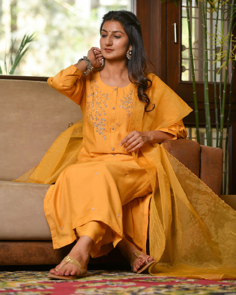 MUSTARD YELLOW MUSLIN SUIT SET WITH HANDWORK