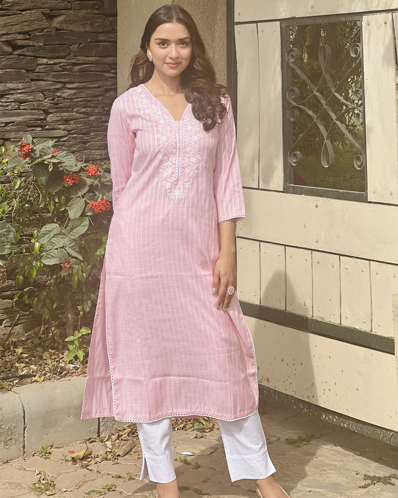 PINK COTTON KURTA WITH EMBROIDERY