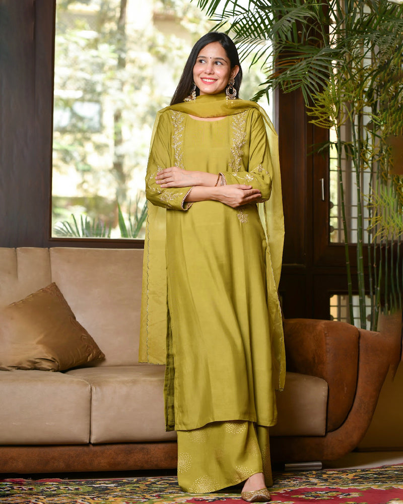 OLIVE SHARARA SET WITH ORGANZA DUPATTA