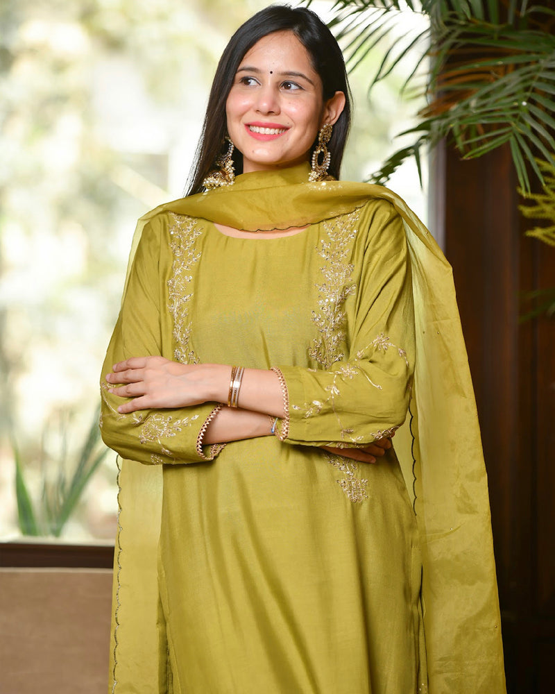 OLIVE SHARARA SET WITH ORGANZA DUPATTA