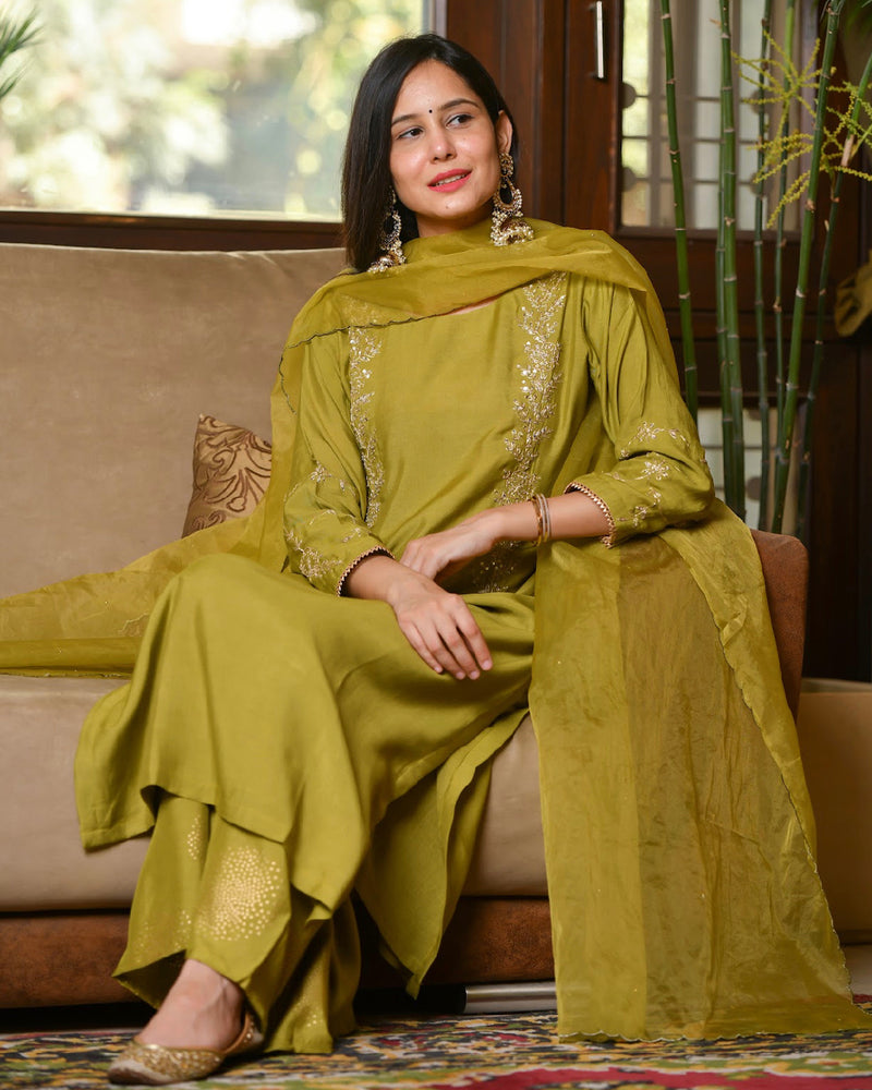 OLIVE SHARARA SET WITH ORGANZA DUPATTA