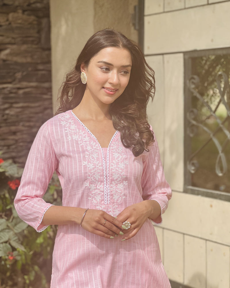 PINK COTTON KURTA WITH EMBROIDERY