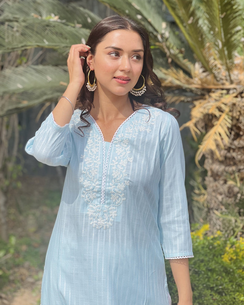 BABY BLUE COTTON KURTA WITH EMBROIDERY
