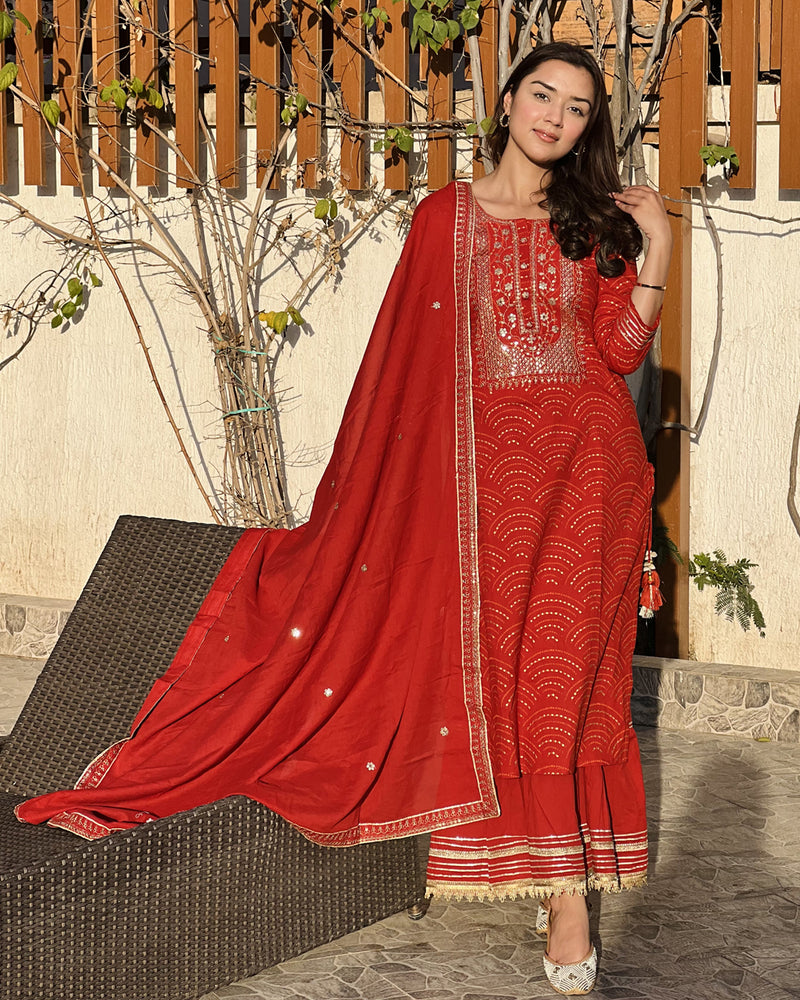 RED COTTON SHARARA SET WITH GOTTA WORK