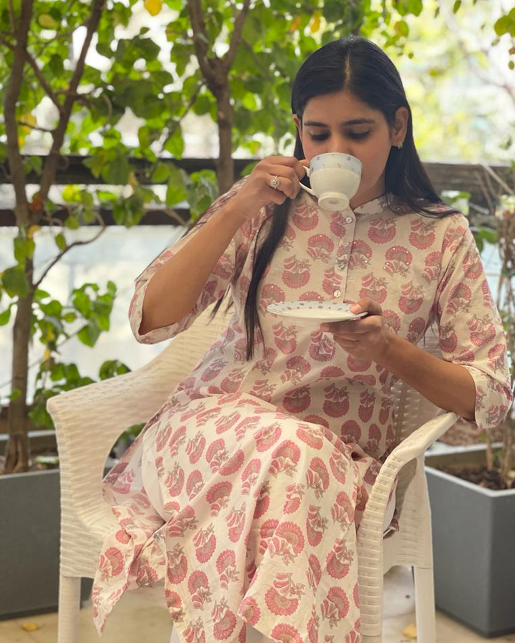 WHITE & PINK HANDBLOCK KURTA
