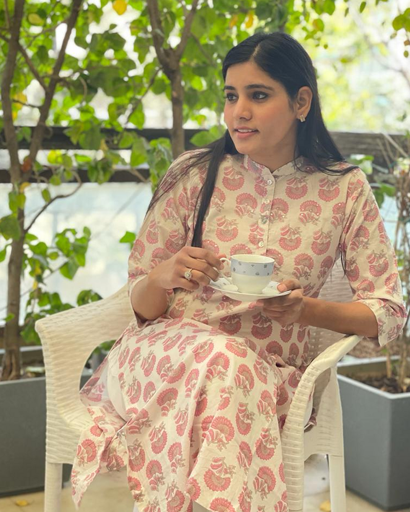 WHITE & PINK HANDBLOCK KURTA