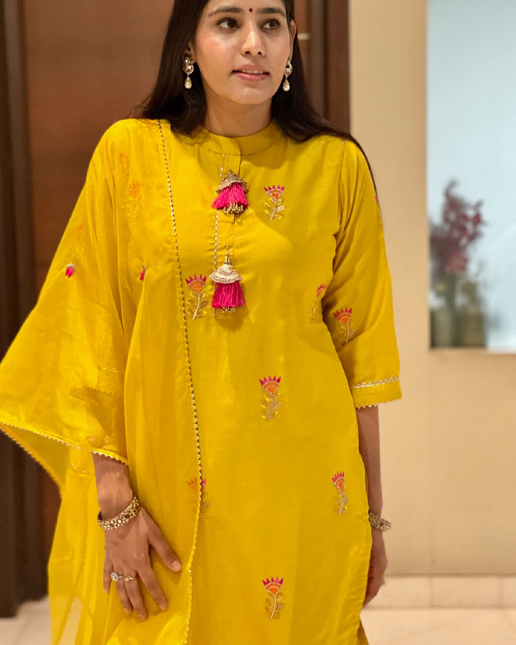 YELLOW MUSLIN SUIT SET WITH TASSELS