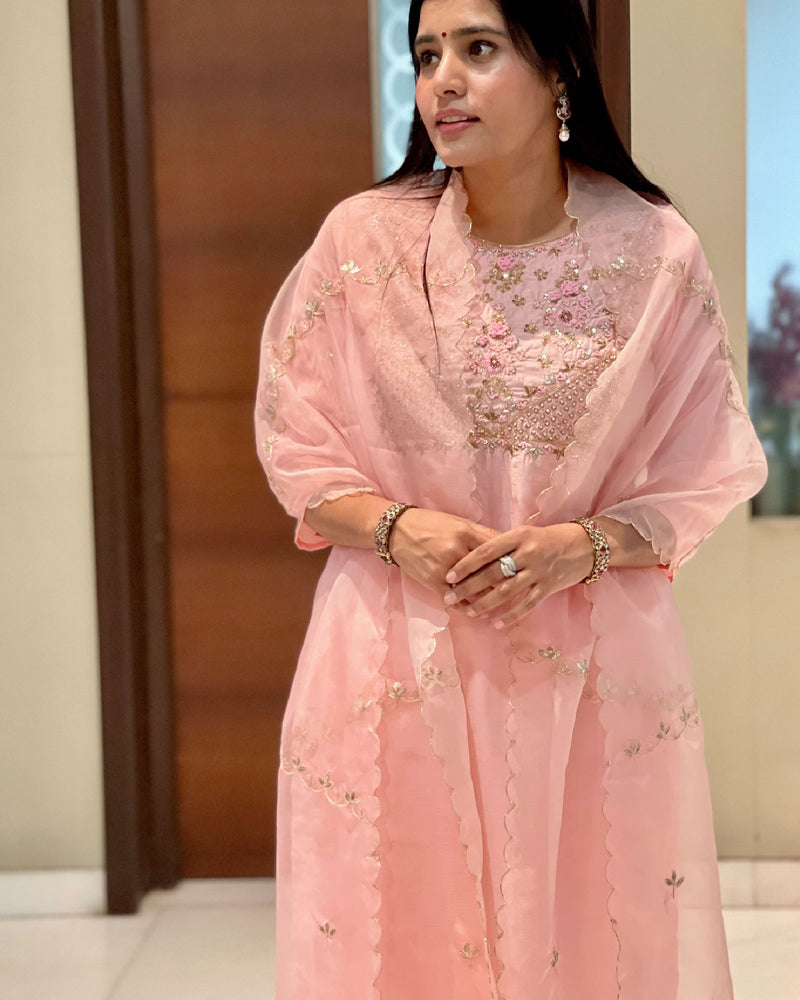PEACH MUSLIN SUIT SET WITH HANDWORK
