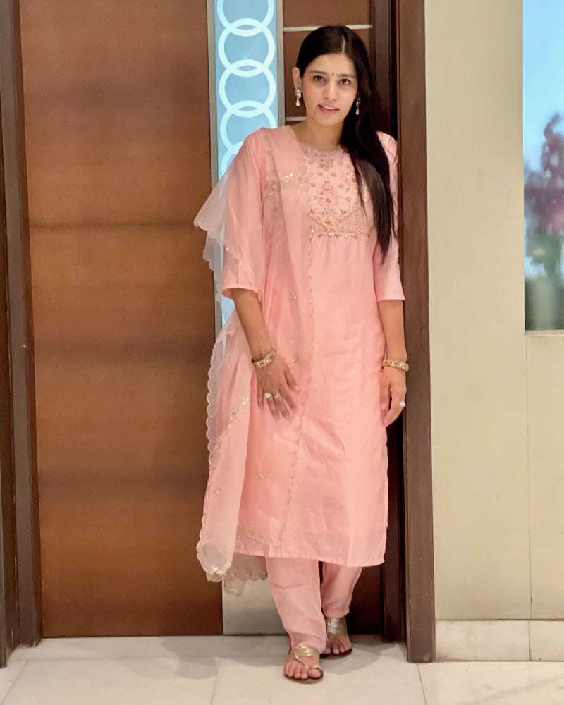 PEACH MUSLIN SUIT SET WITH HANDWORK