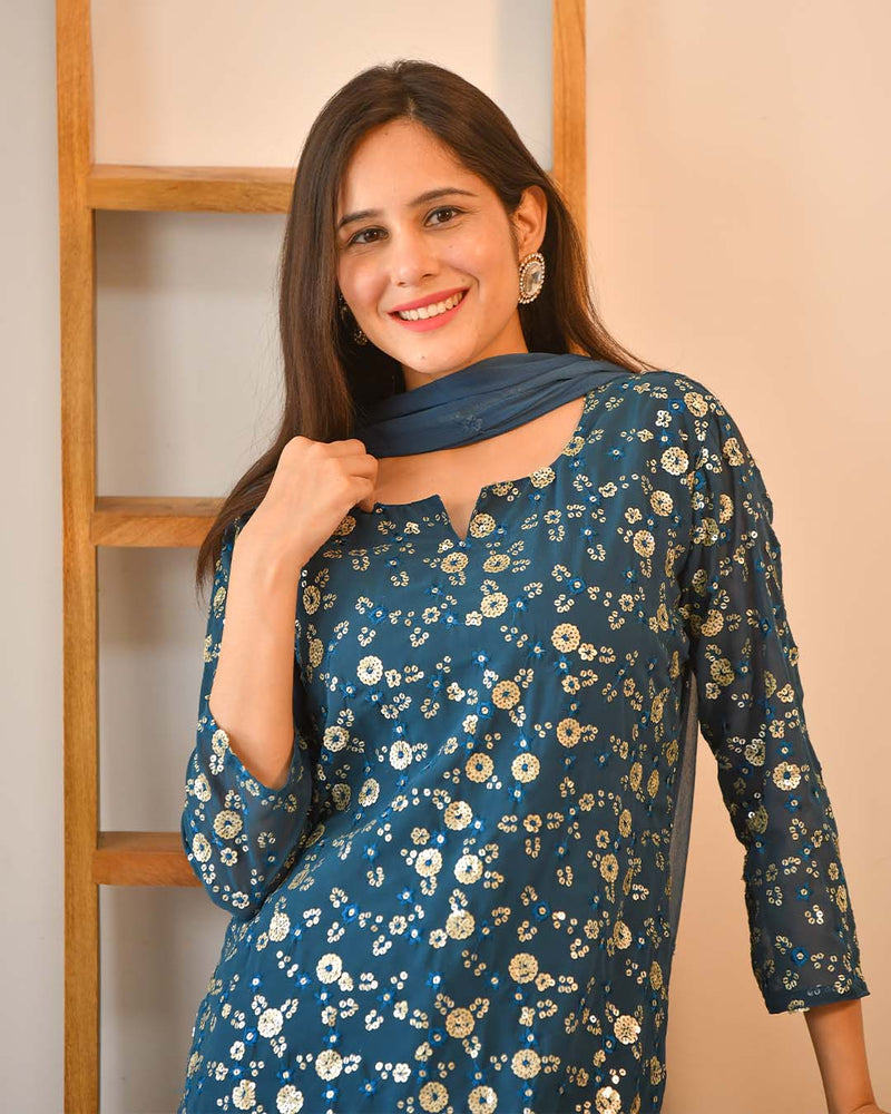 INDIGO BLUE SEQUIN WORK SUIT SET
