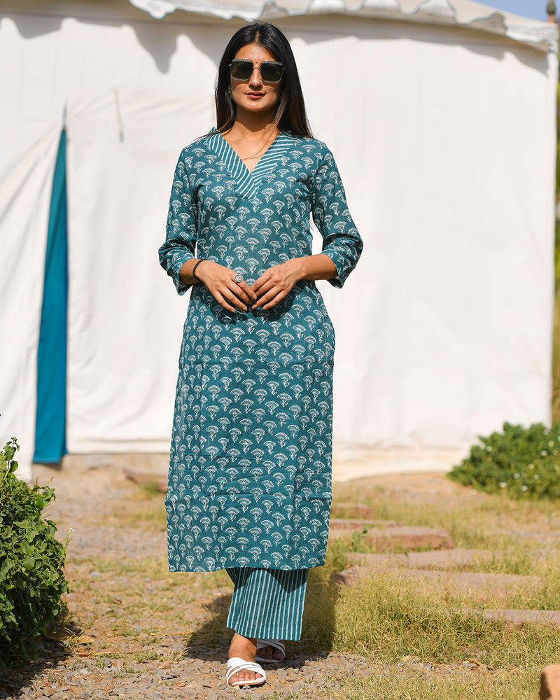 TEAL BLUE COTTON KURTA SET