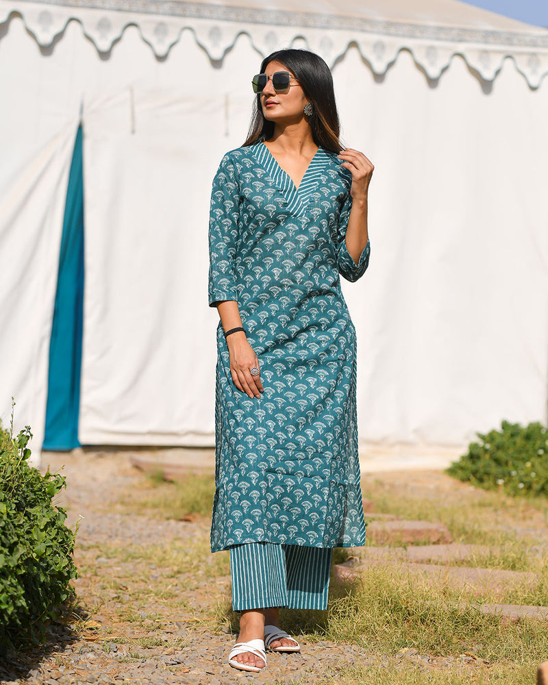 TEAL BLUE COTTON KURTA SET