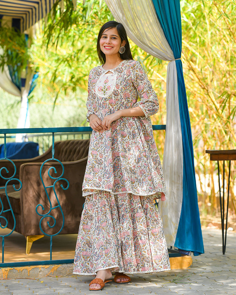 WHITE COTTON SHARARA SET WITH LACE WORK