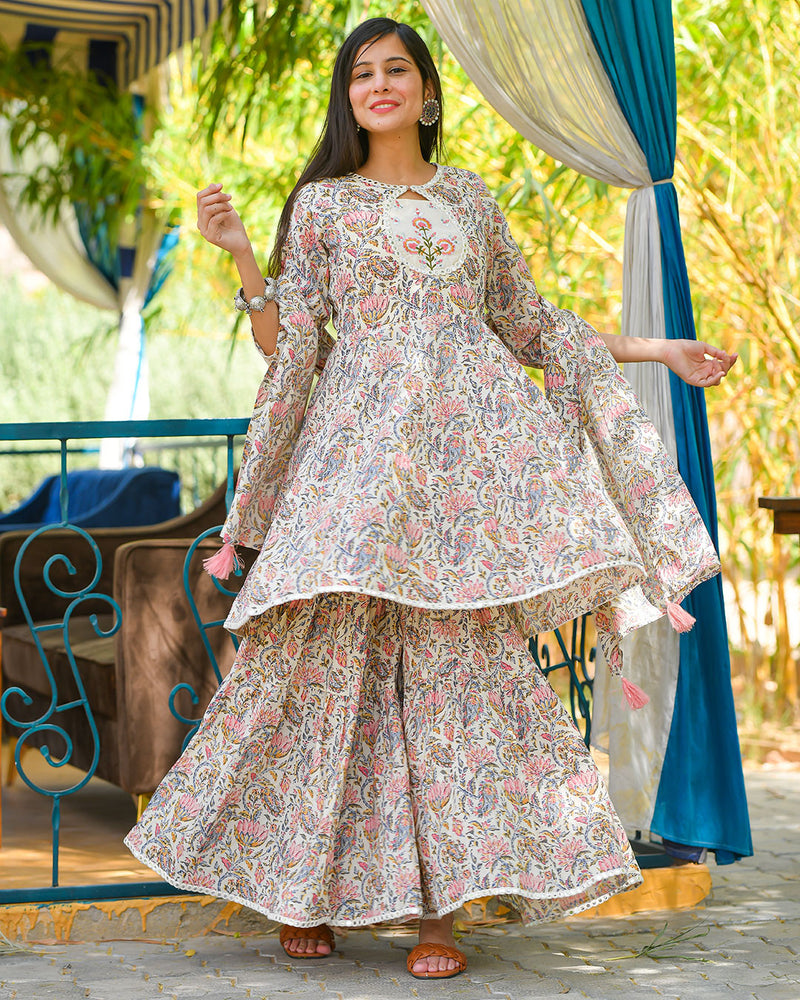 WHITE COTTON SHARARA SET WITH LACE WORK