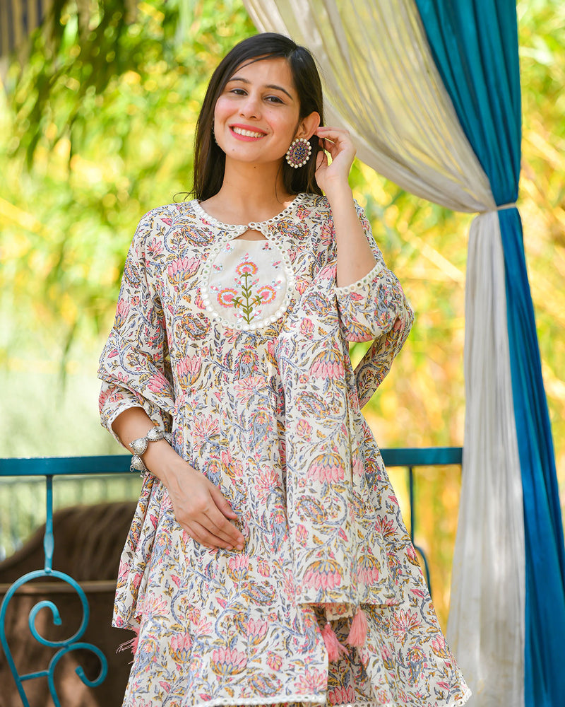 WHITE COTTON SHARARA SET WITH LACE WORK
