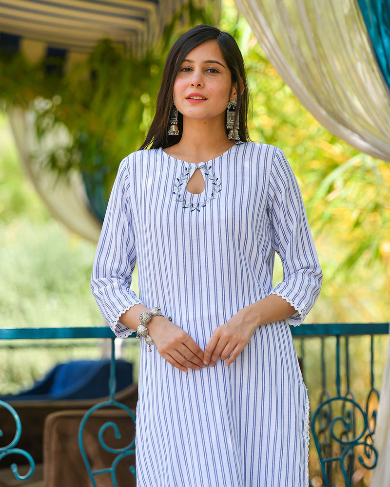 BLUE & WHITE STRIPED COTTON KURTA WITH LINING