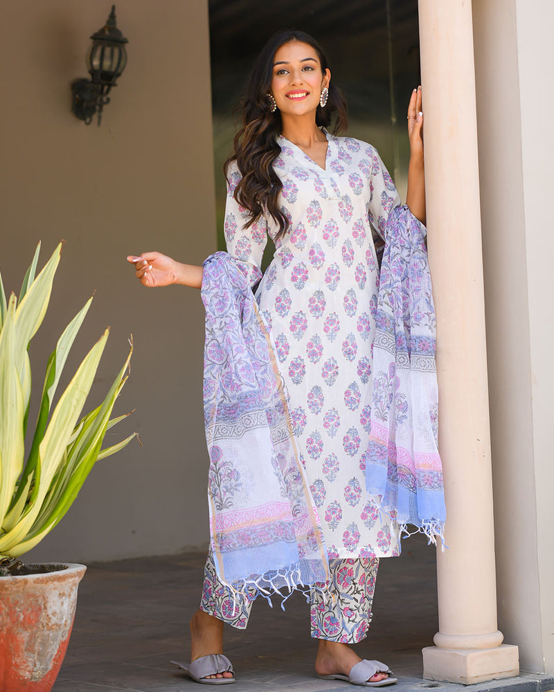 WHITE COTTON HANDBLOCK SUIT SET