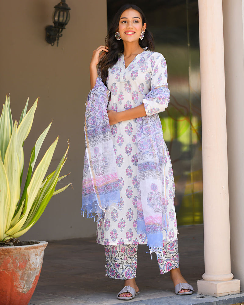 WHITE COTTON HANDBLOCK SUIT SET