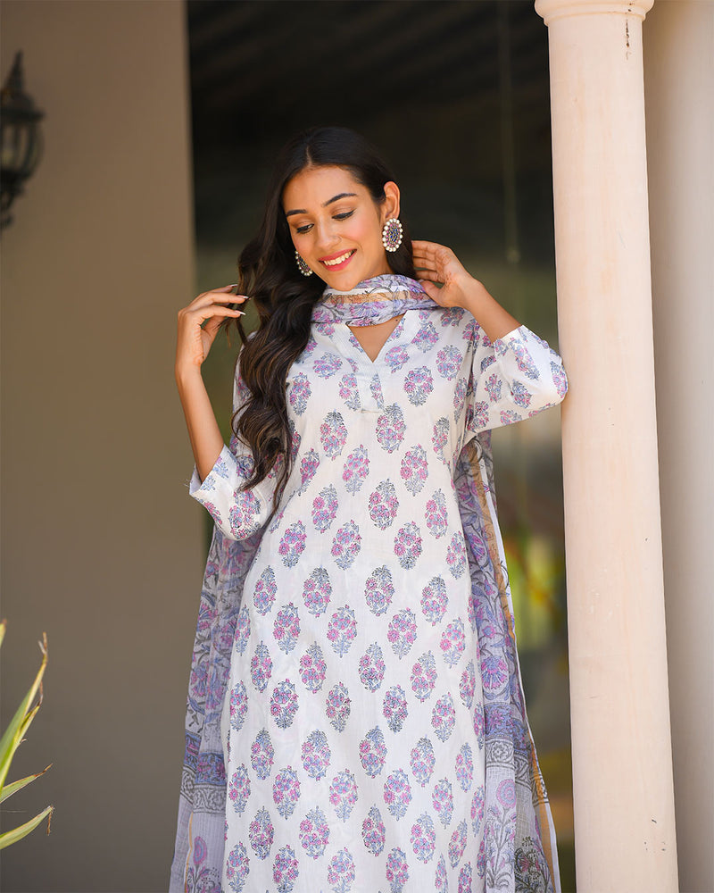 WHITE COTTON HANDBLOCK SUIT SET