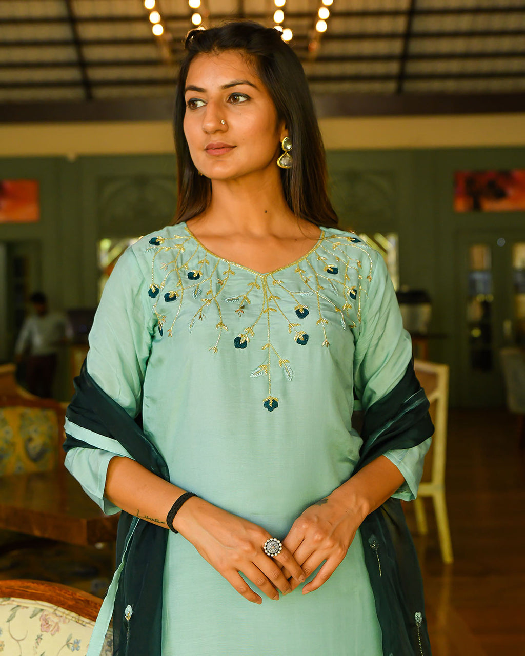 MINT GREEN MUSLIN SUIT SET WITH HANDWORK