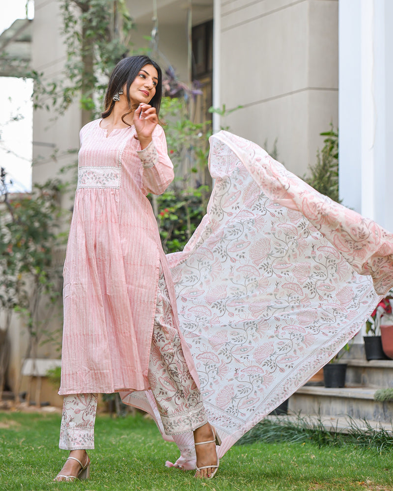 PINK COTTON HANDBLOCK SUIT SET
