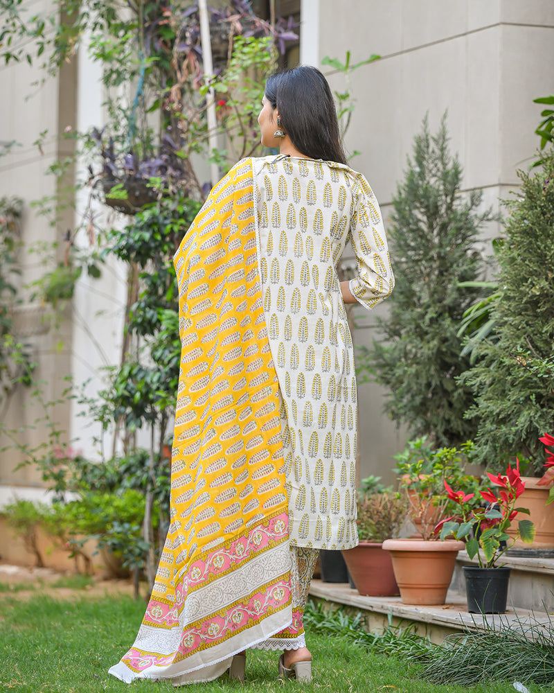 WHITE & MUSTARD HANDBLOCK SUIT SET