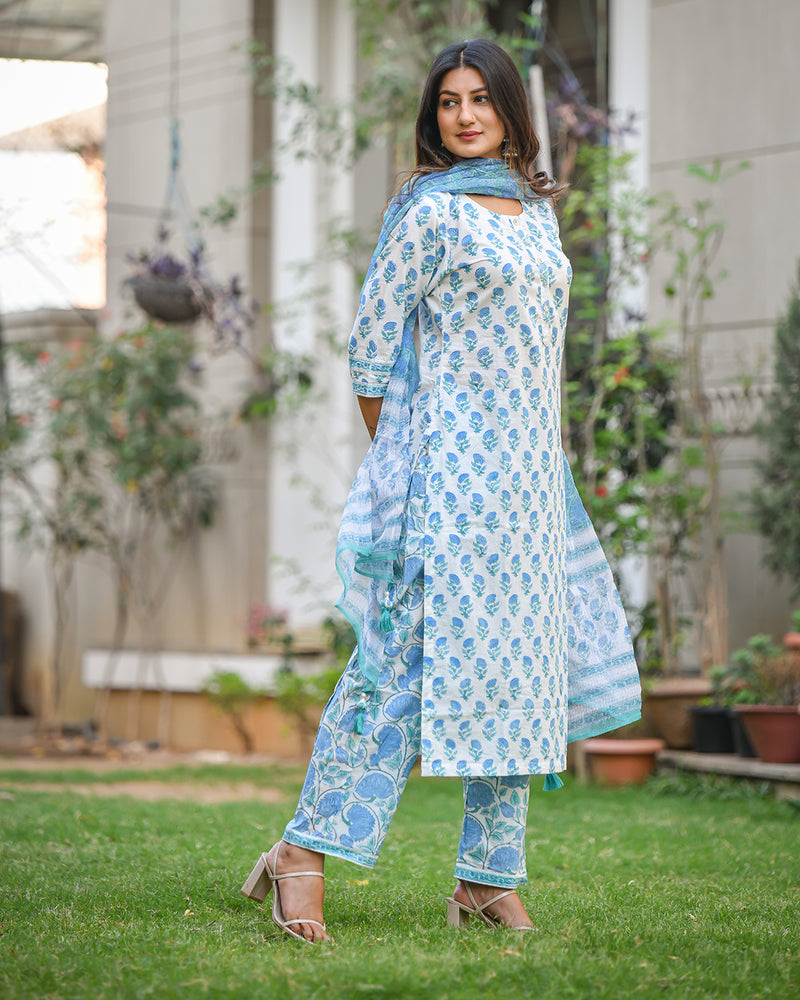 WHITE & BLUE COTTON HANDBLOCK SUIT SET