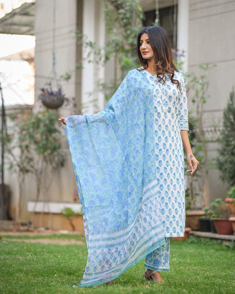 WHITE & BLUE COTTON HANDBLOCK SUIT SET