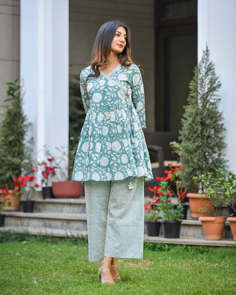 FERN GREEN COTTON HANDBLOCK KURTA SET