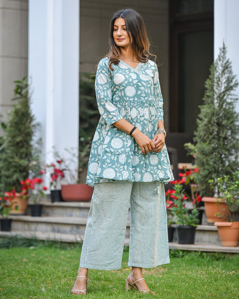 FERN GREEN COTTON HANDBLOCK KURTA SET