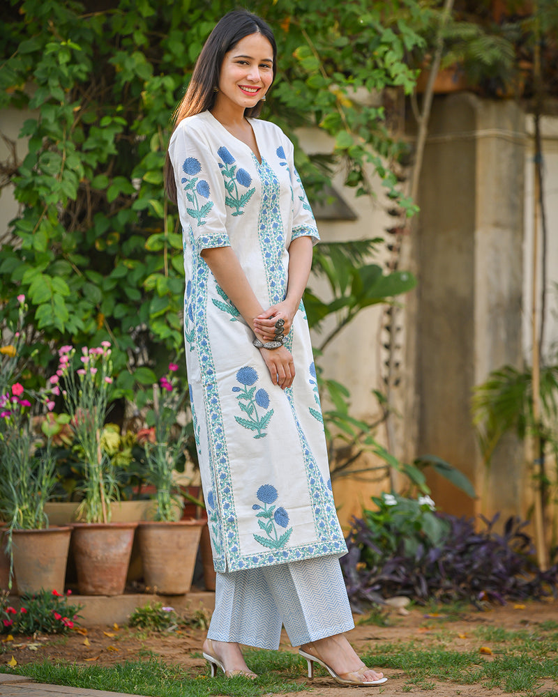 WHITE & BLUE COTTON HANDBLOCK KURTA SET
