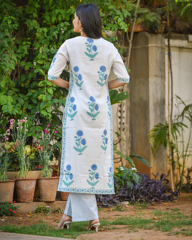WHITE & BLUE COTTON HANDBLOCK KURTA SET