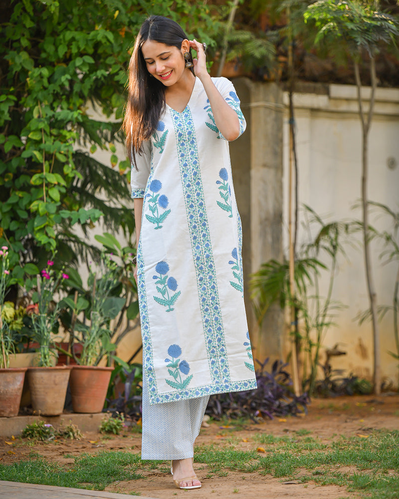 WHITE & BLUE COTTON HANDBLOCK KURTA SET