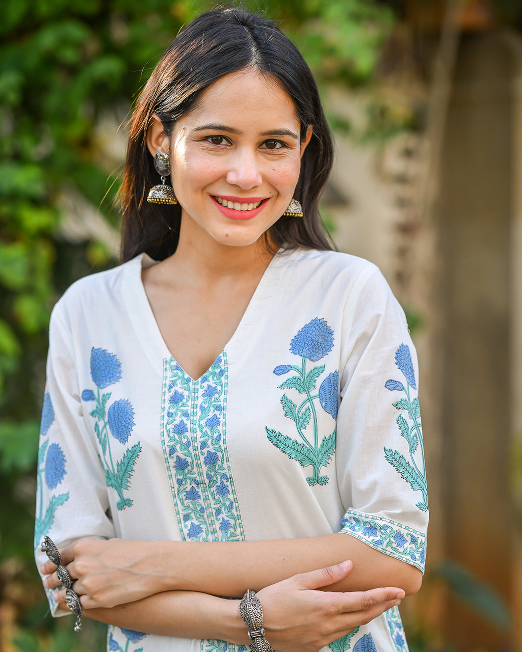 WHITE & BLUE COTTON HANDBLOCK KURTA SET