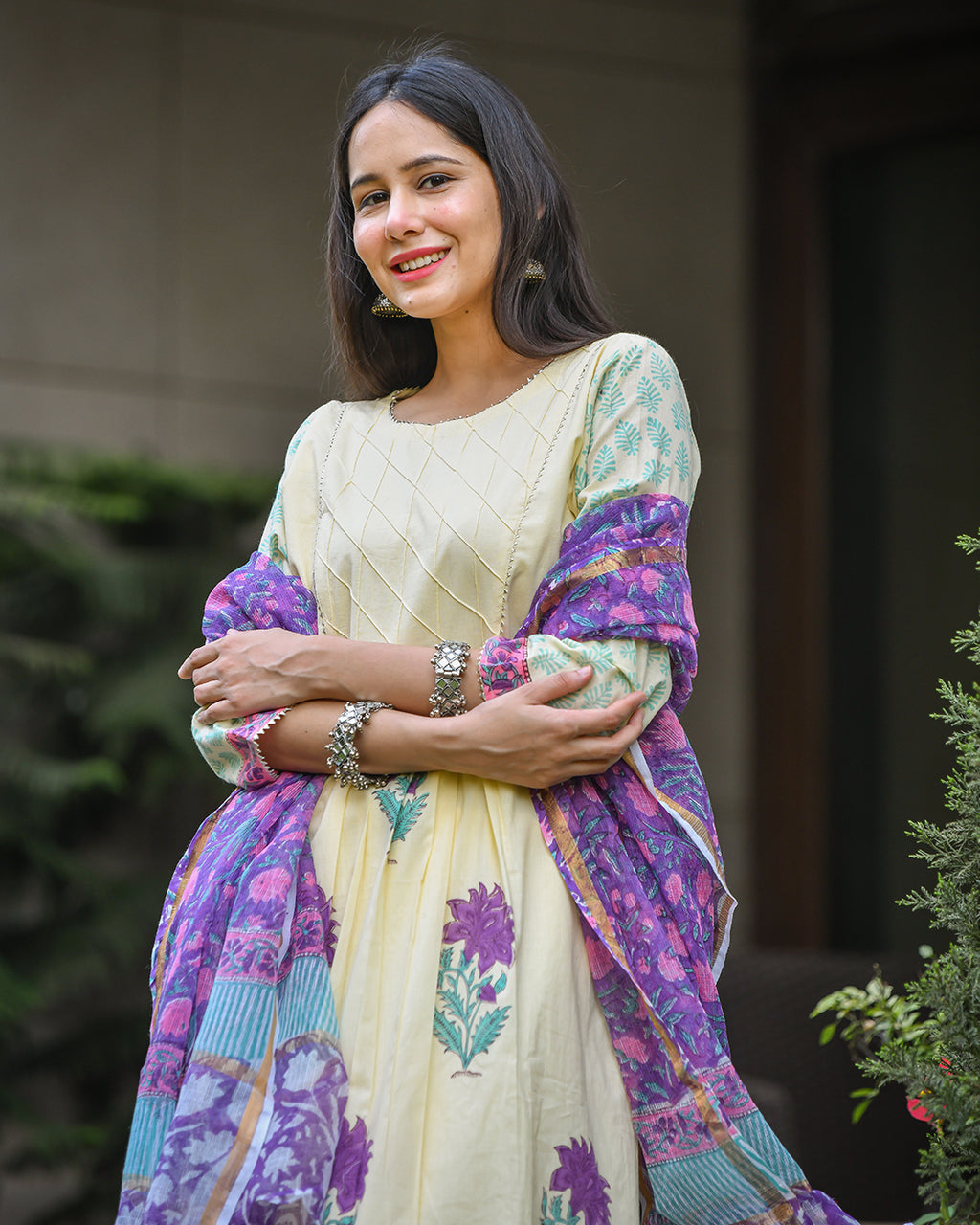 YELLOW & PURPLE HANDBLOCK SUIT SET
