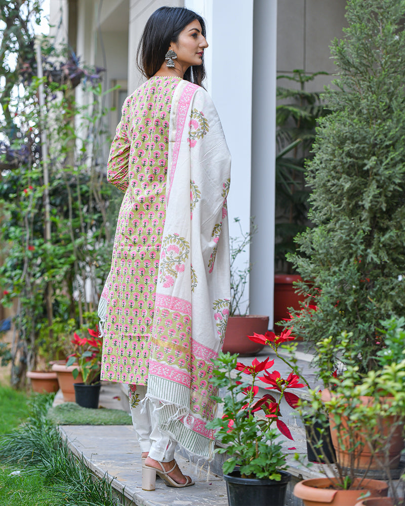 WHITE & GREEN COTTON HANDBLOCK SUIT SET