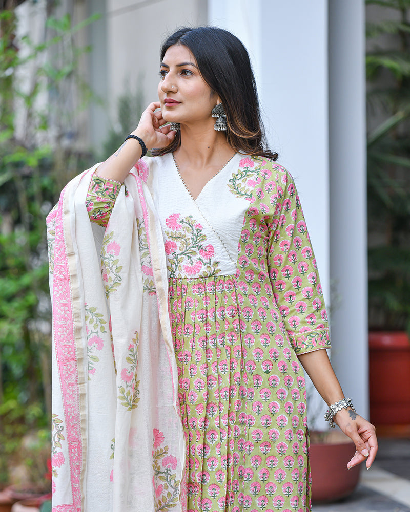 WHITE & GREEN COTTON HANDBLOCK SUIT SET