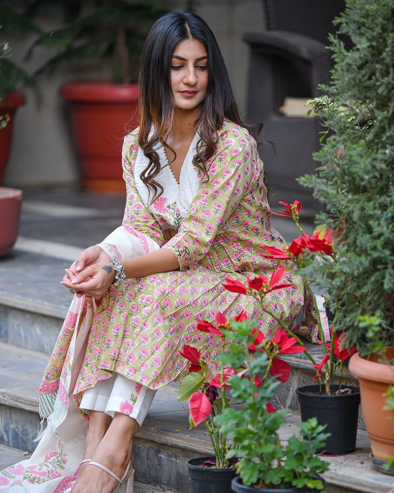 WHITE & GREEN COTTON HANDBLOCK SUIT SET