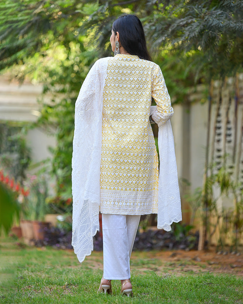 YELLOW CHIKANKARI COTTON SUIT SET