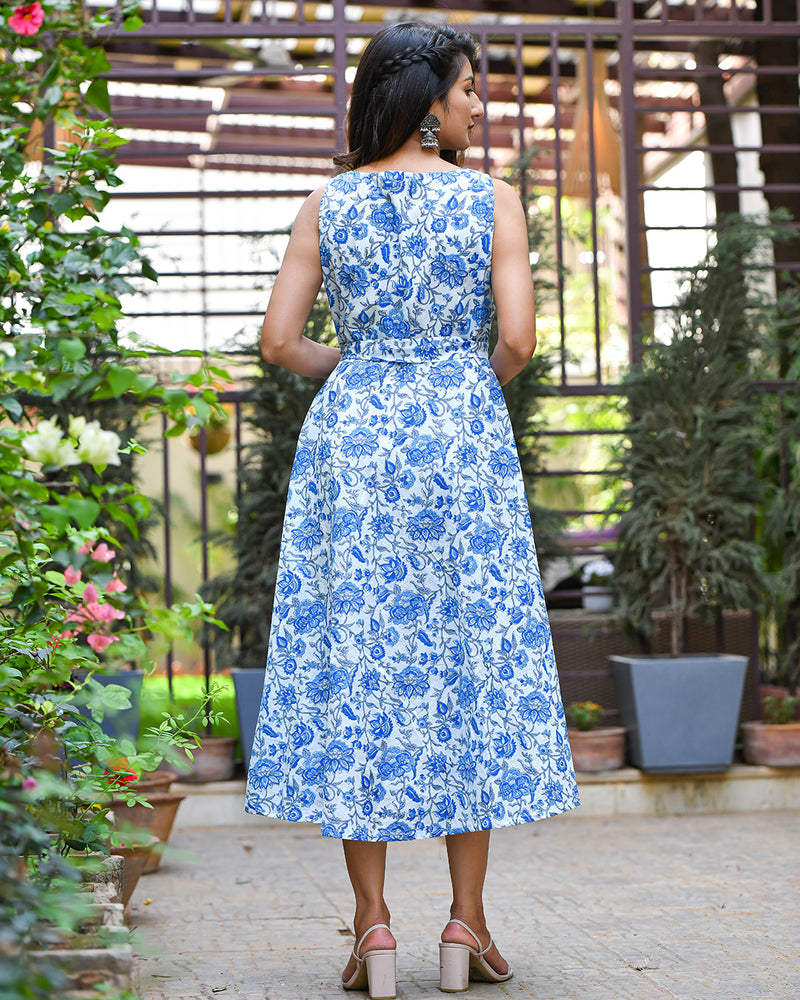 BLUE & WHITE COTTON HANDBLOCK DRESS