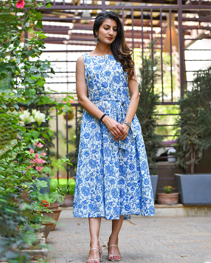 BLUE & WHITE COTTON HANDBLOCK DRESS